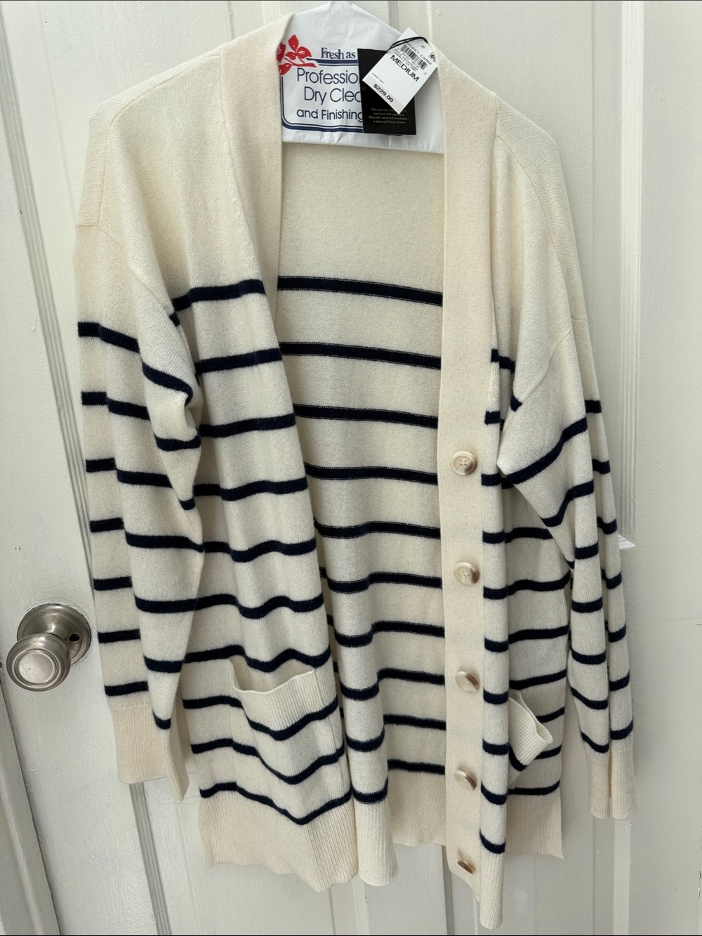 Charter Club Cream and Black Striped Button-Front Cardigan